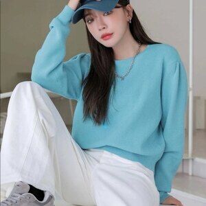 DAZY Shein Bright Blue Solid Blouson Sleeve Ribbed Knit Sweater Size Small (0)